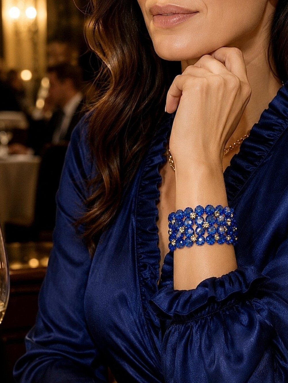 Royal Blue Aurora Borealis Prong Set Clear Rhinestone Stretch Bracelet NWT
